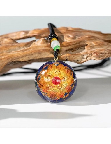 Pendentif Orgonite Dome Lapis lazuli Rubis - Fleur de lotus ciselée de technologie