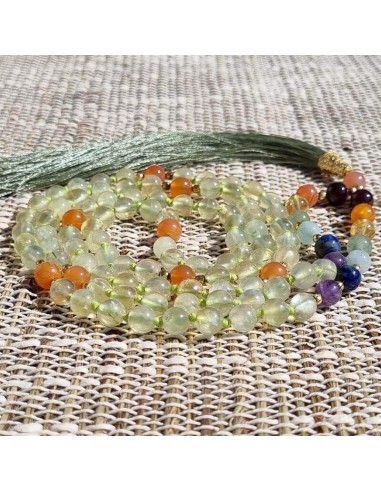 Collier mala Prehnite - Cornaline 7 Chakras - 108 perles 6mm les ctes