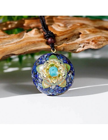 Pendentif orgonite Dome Lapis-lazuli Turquoise Fleur de lotus ciselée les ligaments